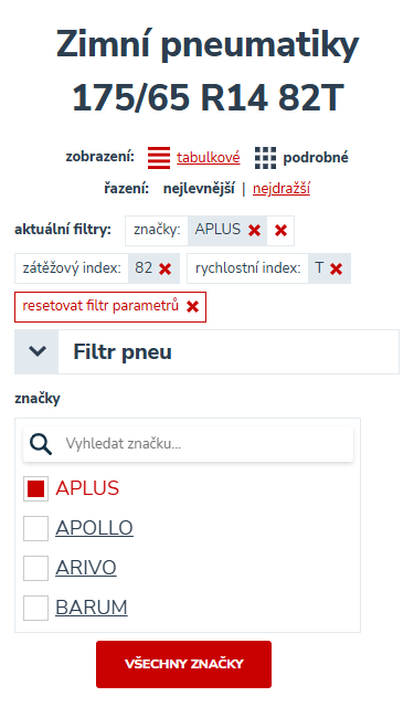 Pokročilý filtr parametrů pneumatik