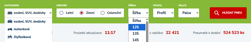 Filtrování rozměrů pneumatik na VšeNaAuto.cz